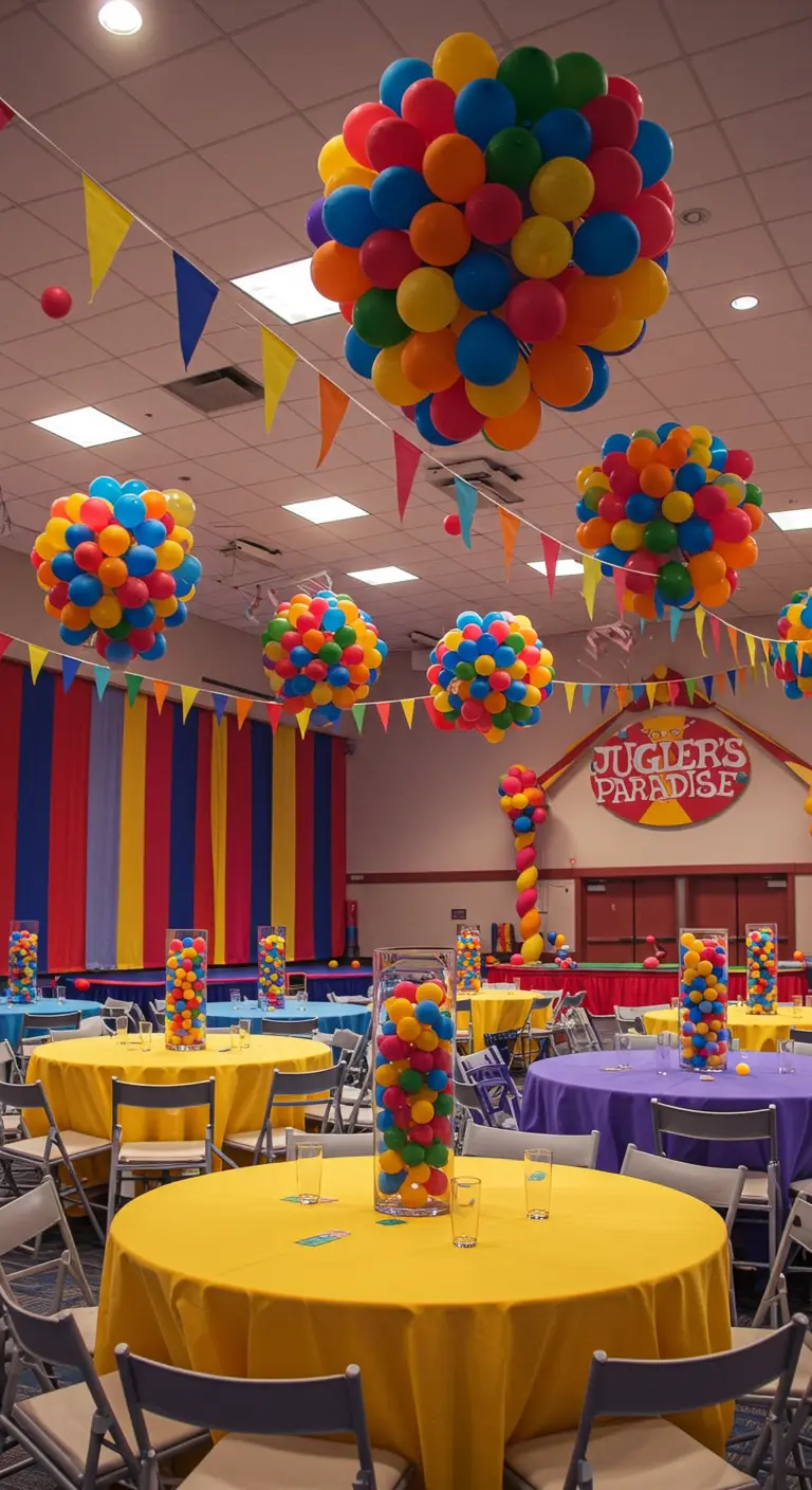 Large, colorful clusters of balloons hanging from the ceiling of a party room.