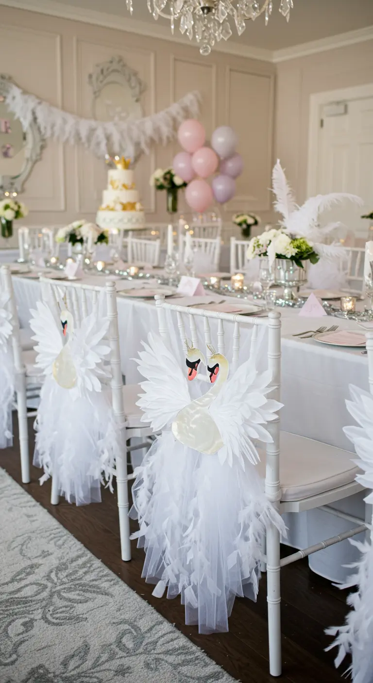 Chairs decorated to look like graceful swans with white tulle and feathers.