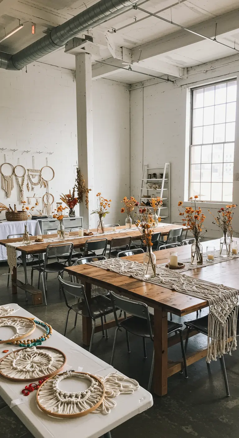 A workshop space with tables set up for making macramé dreamcatchers and vases of flowers.