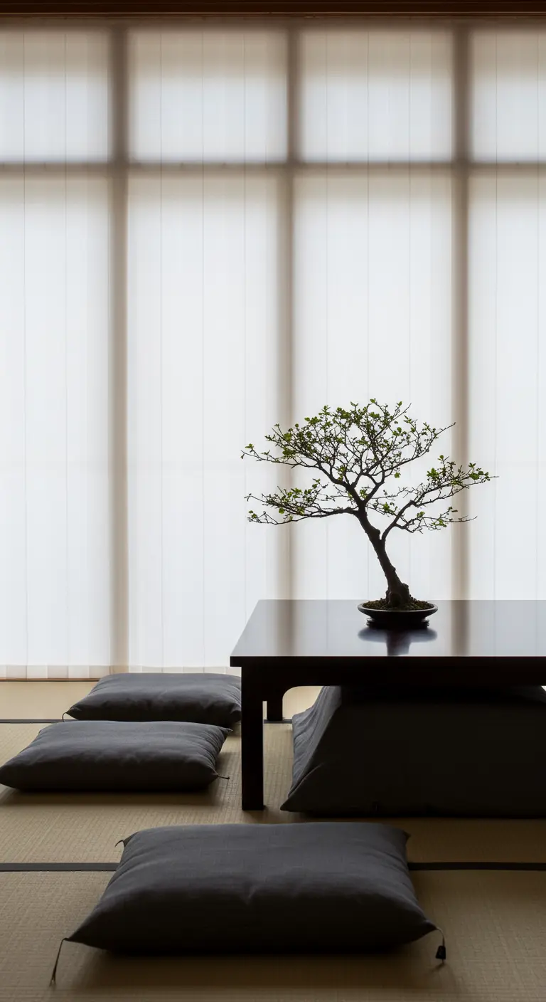 A delicate bonsai tree silhouetted against a backlit Japanese shoji screen with floor cushions.