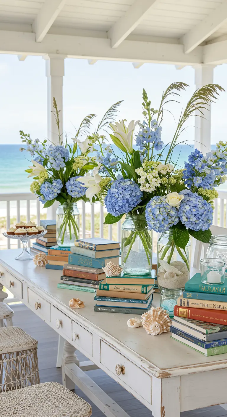 A coastal-themed table with book stacks and jars of hydrangeas, sand, and seashells.
