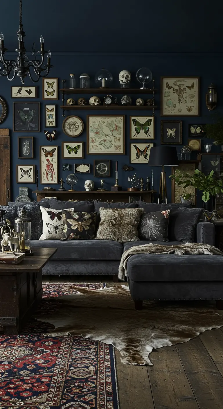 Dark blue living room with a gallery wall of framed butterflies, skulls, and maps.