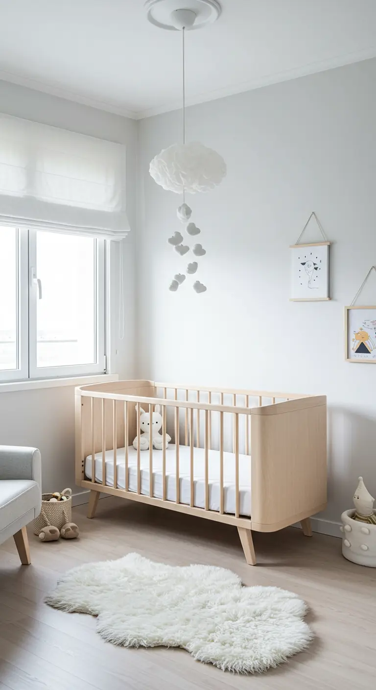 Serene white nursery with a natural wood crib, sheepskin rug, and a cloud mobile.
