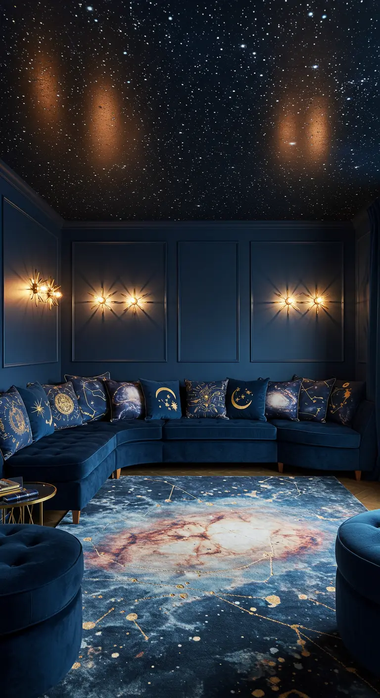 Blue velvet sectional in a room with a starry night ceiling and galaxy-print rug.