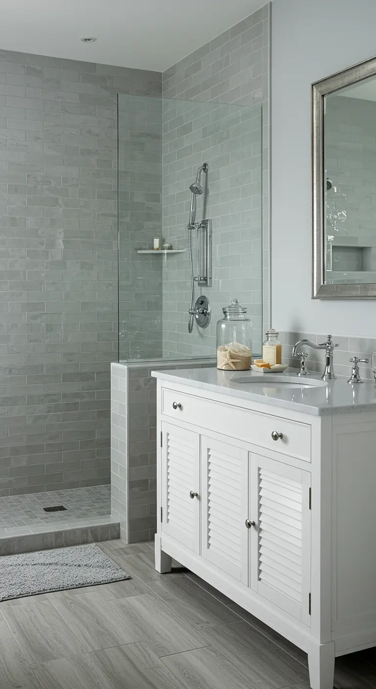 Bathroom with a white louvered vanity, grey subway tiles, and a silver-framed mirror.