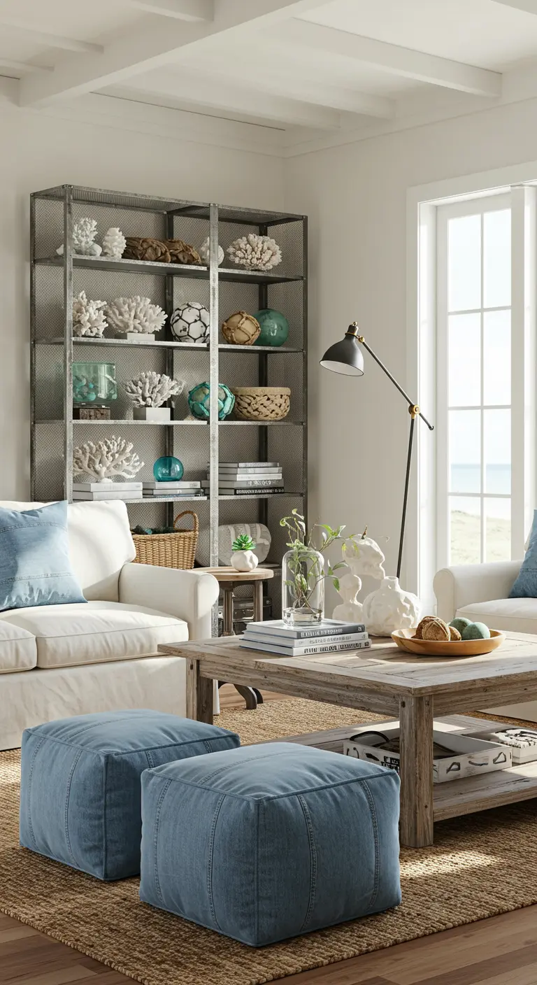 Coastal living room with a galvanized metal shelf holding coral and denim-covered poufs.