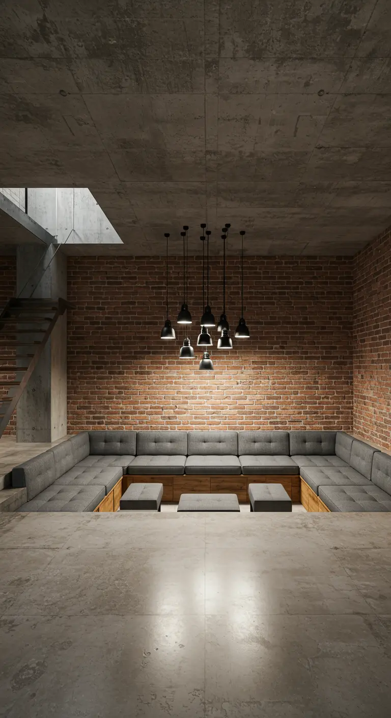 A sunken conversation pit with a large grey sectional sofa enclosed by brick walls.
