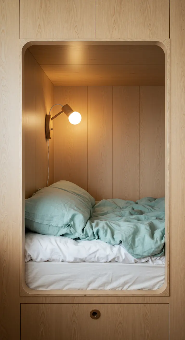 A cozy sleeping nook built into a light wood wall with pale green bedding.