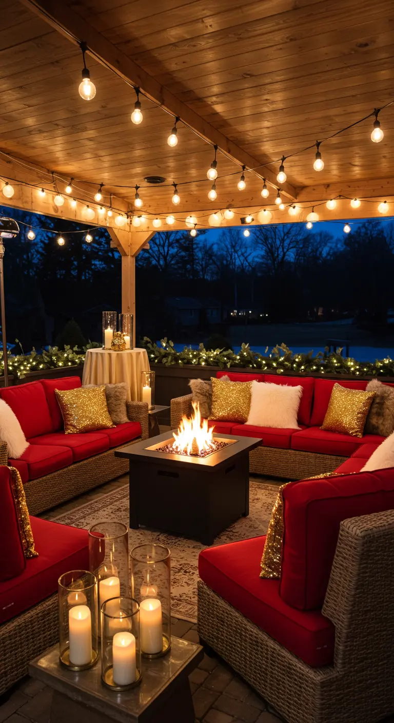 An outdoor patio with a fire pit, red couches, gold pillows, and string lights.