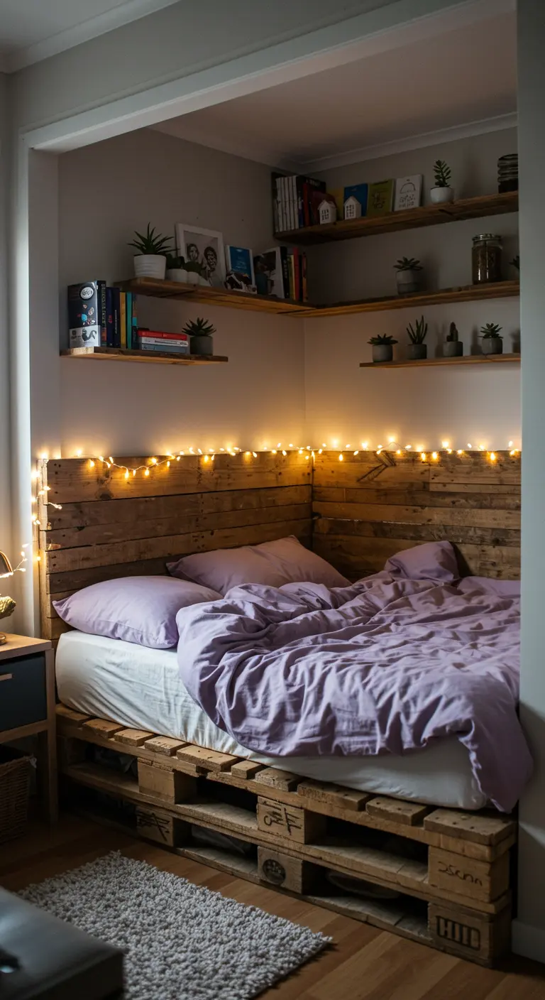 A pallet bed tucked into a nook, with fairy lights strung along the reclaimed wood headboard.