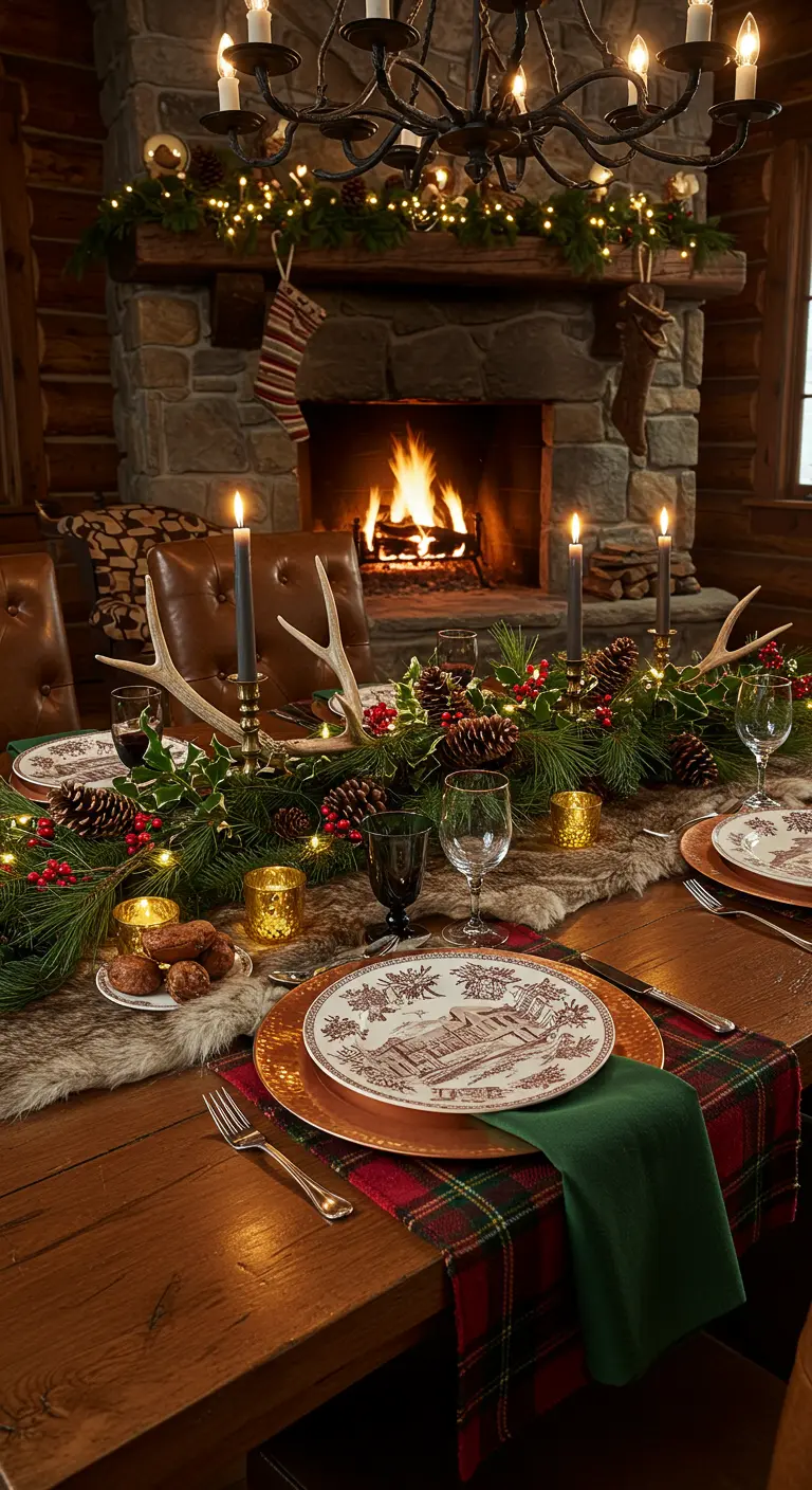 A cozy, rustic Christmas table in a log cabin with a fireplace, plaid napkins, and a fur runner.