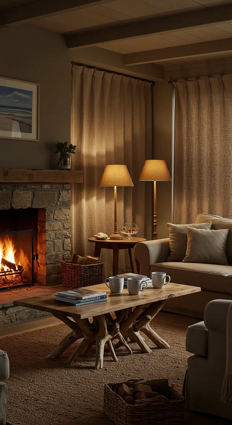 Cozy living room with a lit stone fireplace and a driftwood coffee table.
