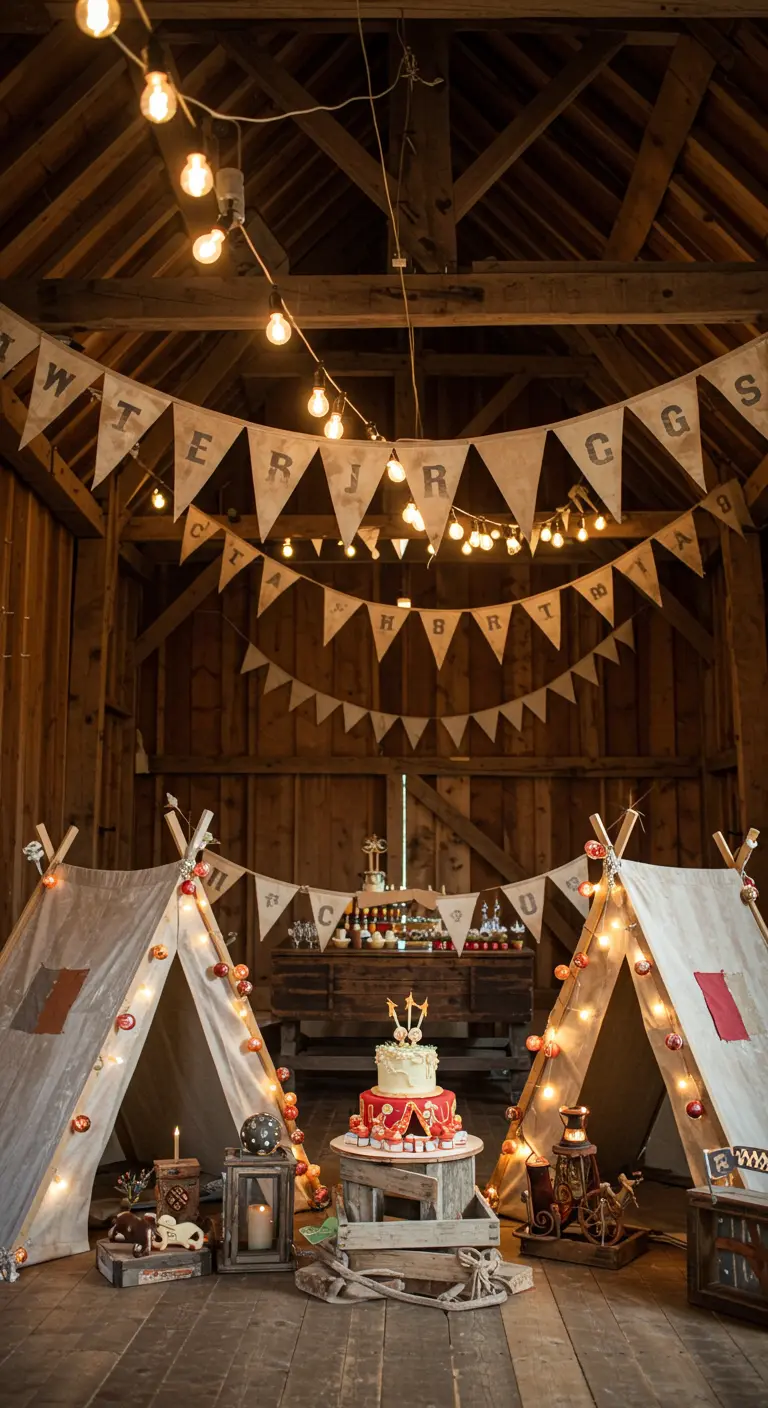 A rustic barn decorated with canvas teepees, string lights, and a circus cake.