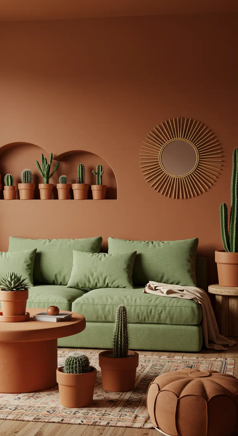 Living room with terracotta walls, a sage green sofa, and a collection of cacti in an arched niche.