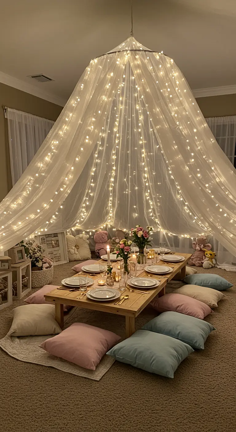 A low wooden table set for a party under a canopy of sheer fabric and warm fairy lights.