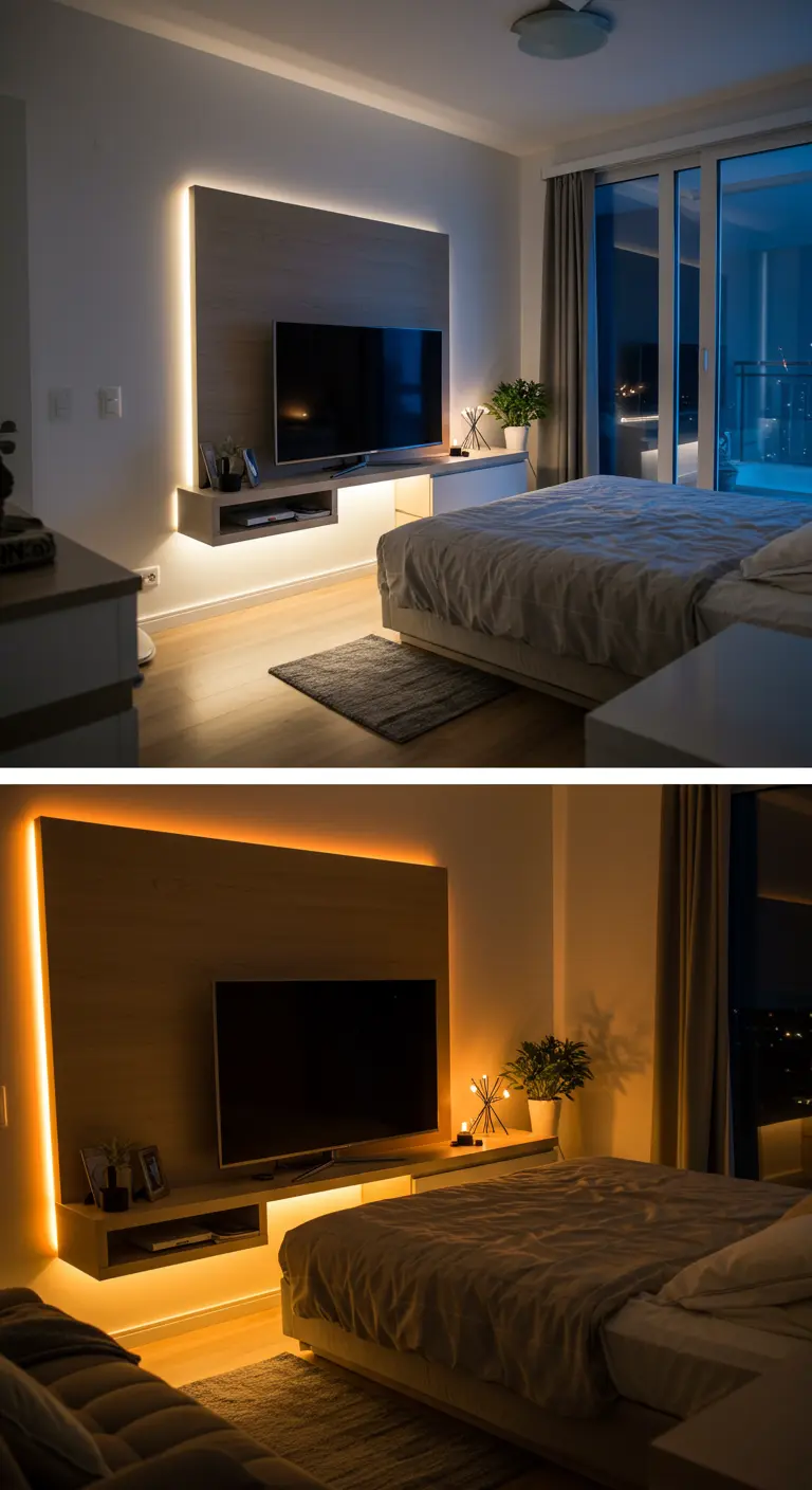 A TV mounted on a wood panel with warm LED backlighting in a modern bedroom.
