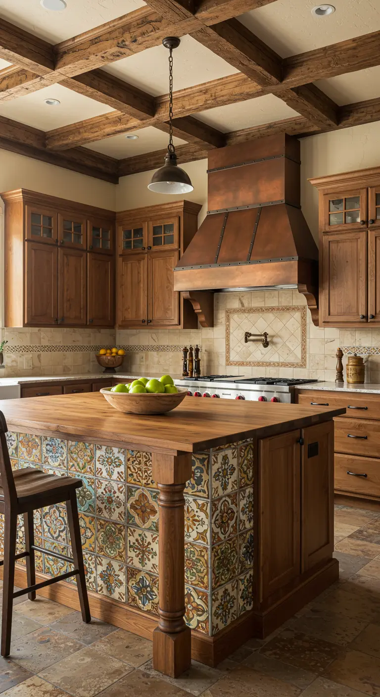 A rustic wood kitchen with a large hammered copper range hood and a colorful tiled island.