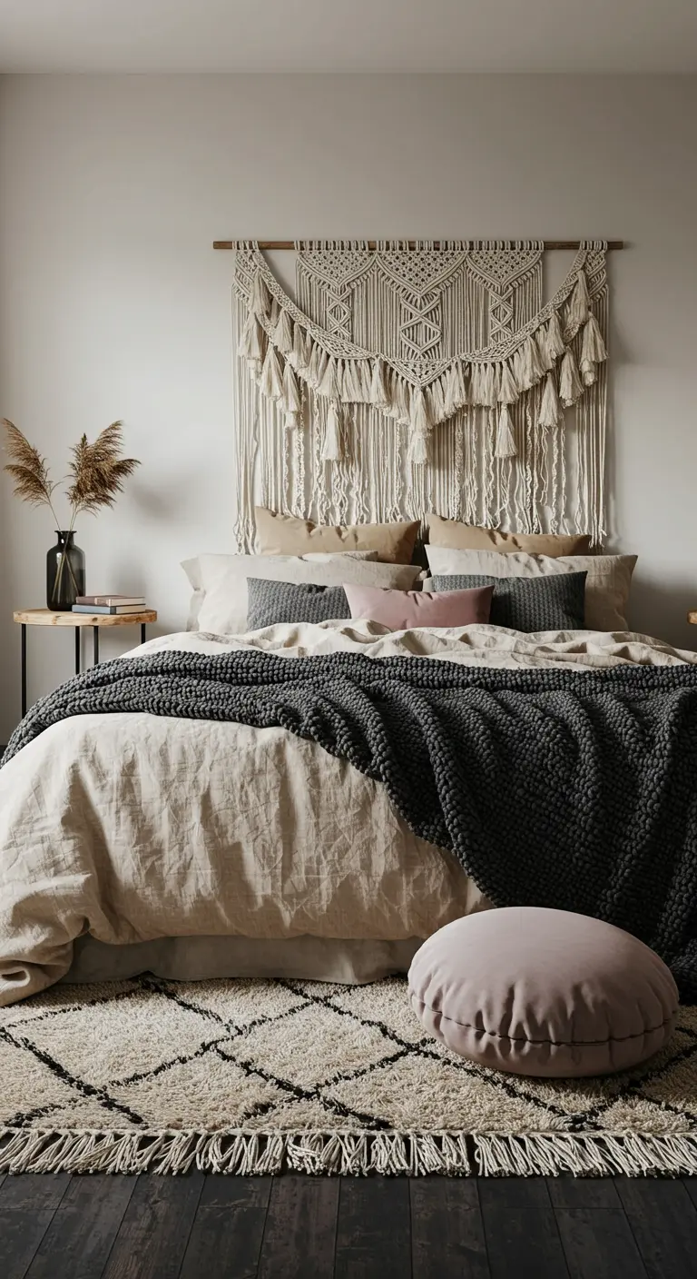 Bed with a large macrame wall hanging as a headboard and layered textiles.
