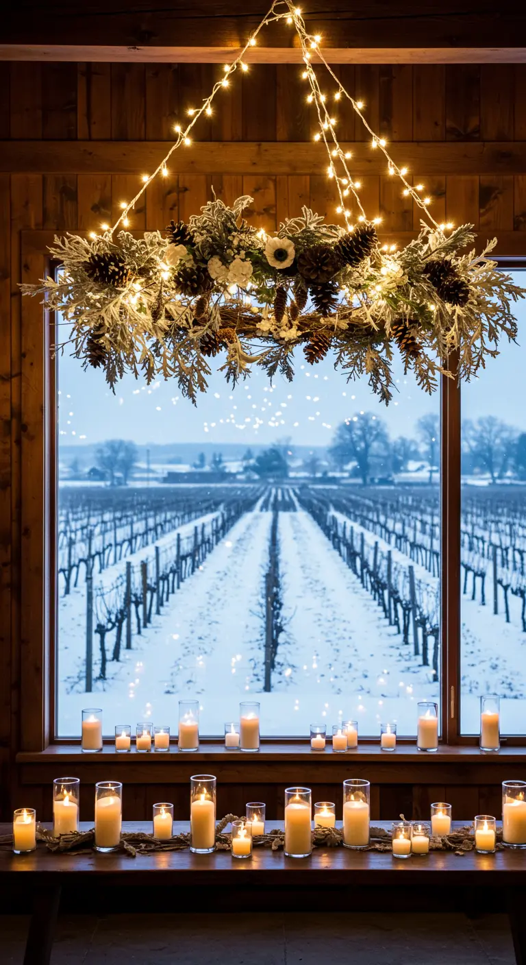 A winter wreath with pinecones and lights hangs in a window overlooking a snowy vineyard.