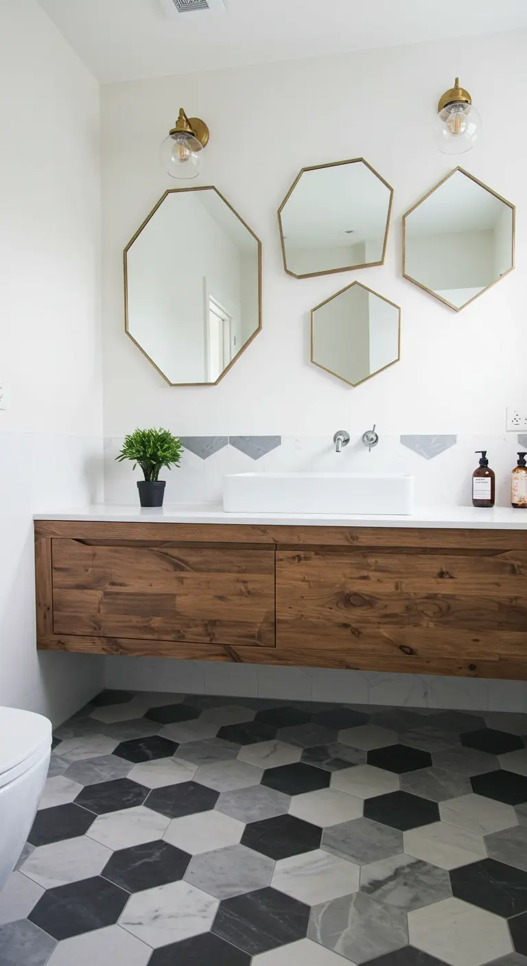 Bathroom with a floating wood vanity and a gallery wall of five hexagonal and asymmetrical brass-framed mirrors.