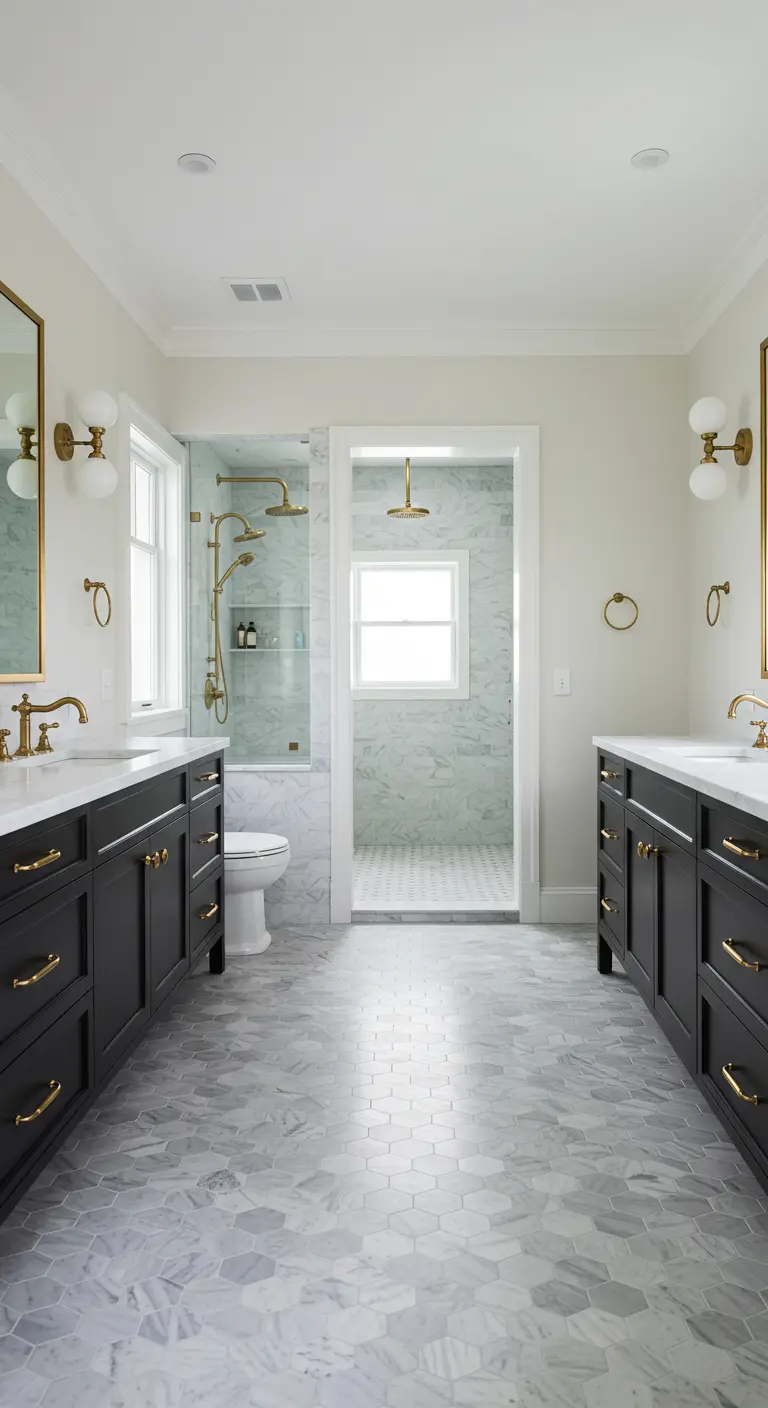 A large bathroom with two black vanities on opposite walls framing a shower entrance.