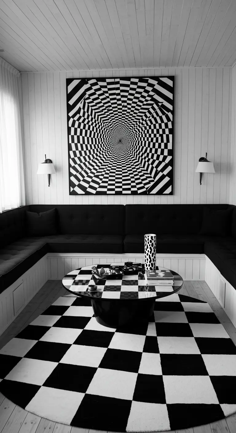 A black-and-white living room with a large, hypnotic optical art piece and a checkerboard rug.