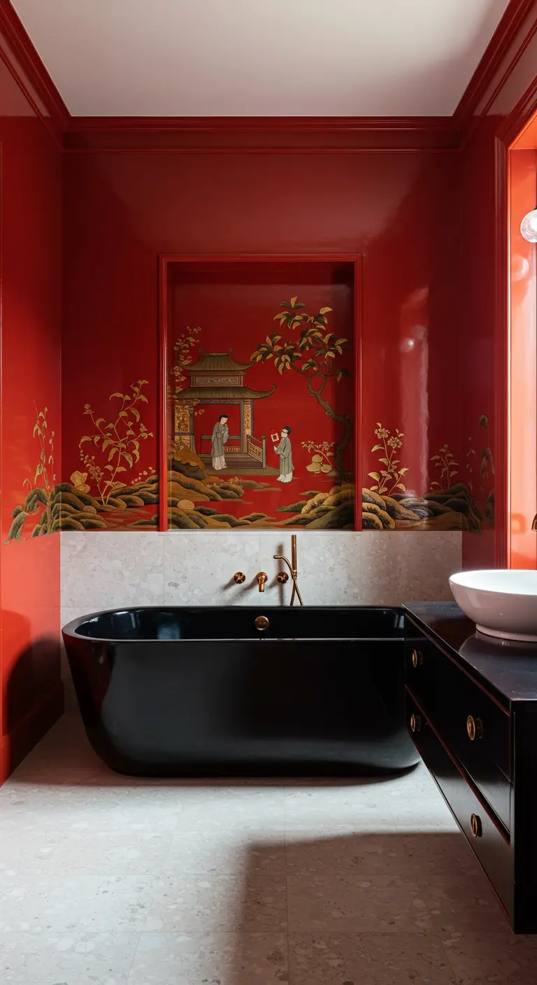 Bathroom with high-gloss red walls and an inset Chinoiserie mural.