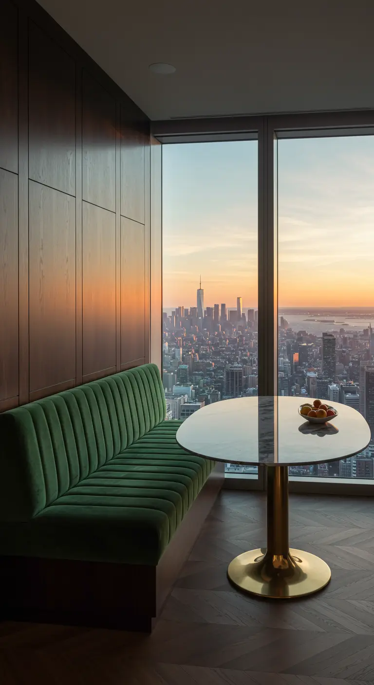 A high-rise breakfast nook with a green velvet banquette and a dramatic city sunset view.