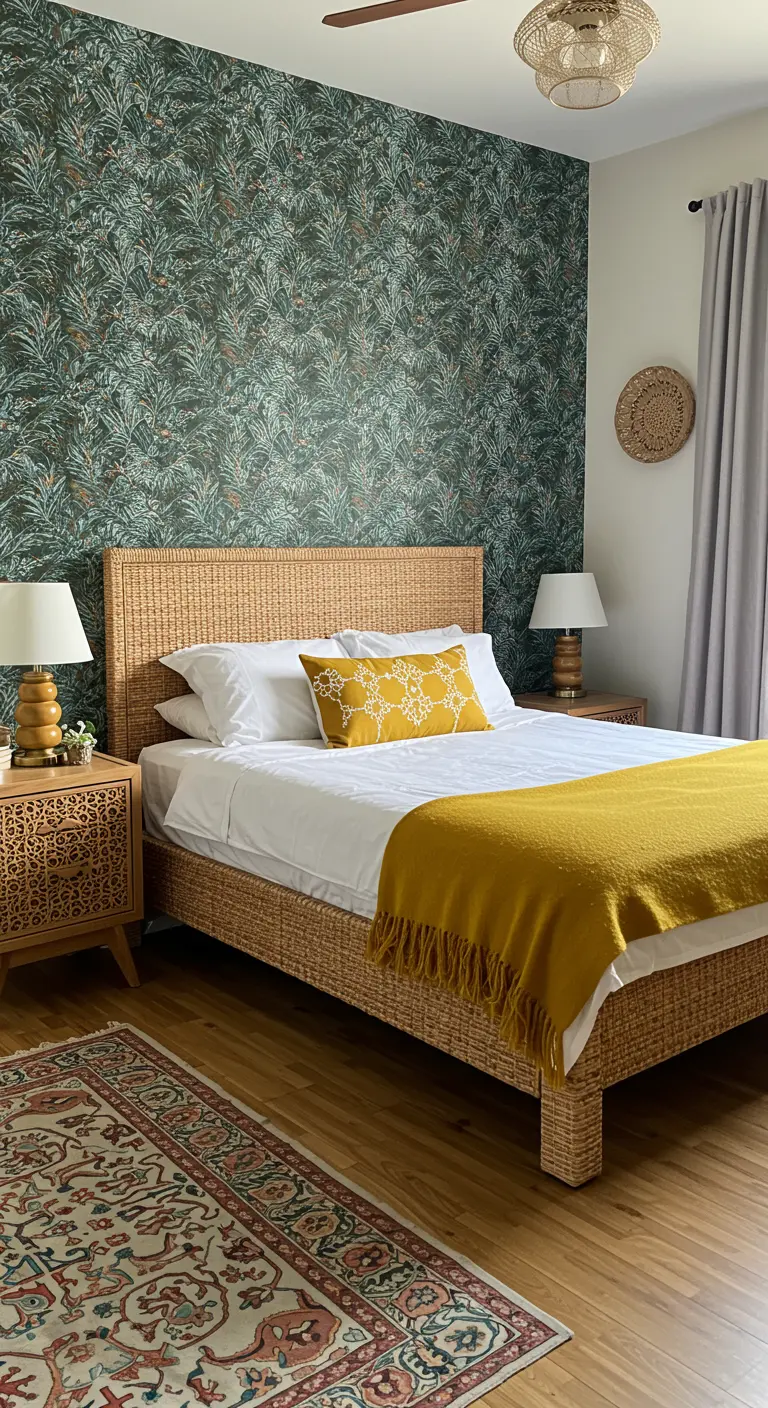 Bedroom with a dark green botanical wallpaper accent wall behind a rattan bed.