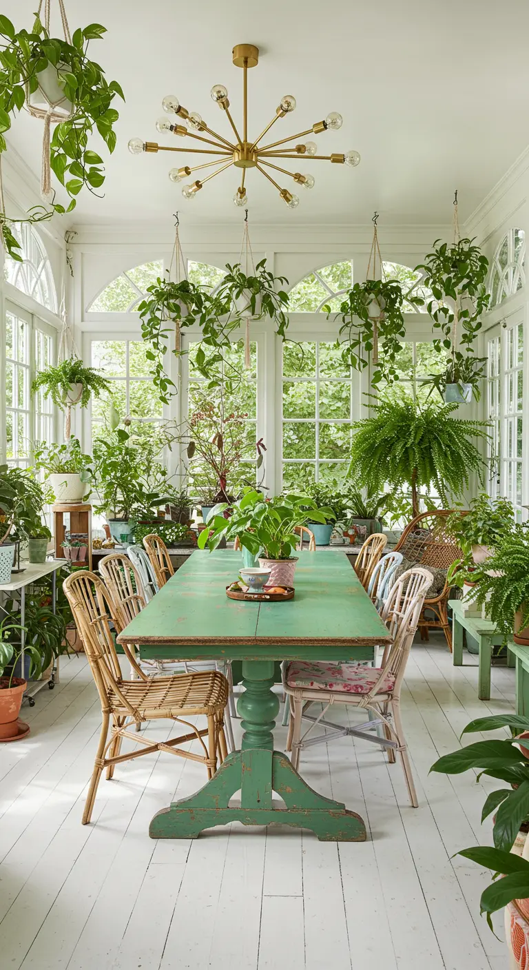 Sunroom dining space filled with plants, a green table, and mismatched wicker chairs.