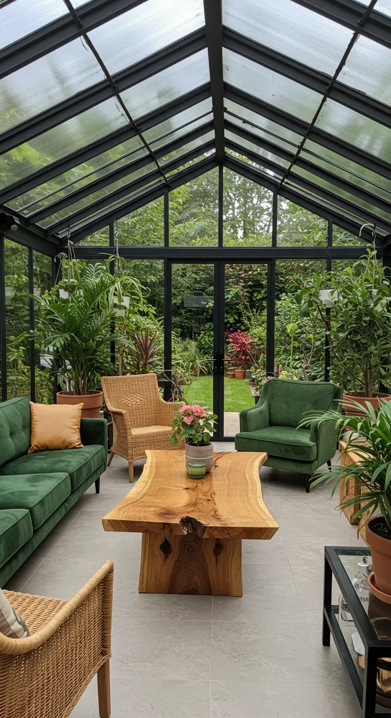 Glass-enclosed sunroom with a green velvet sofa, wicker chairs, and a live-edge coffee table.
