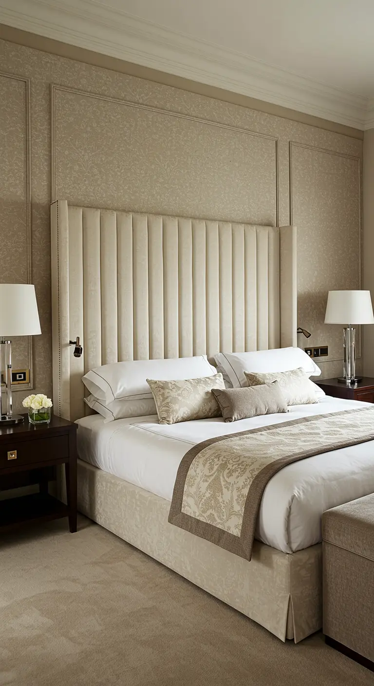Luxurious bedroom with a very tall, channel-tufted cream headboard and symmetrical nightstands.