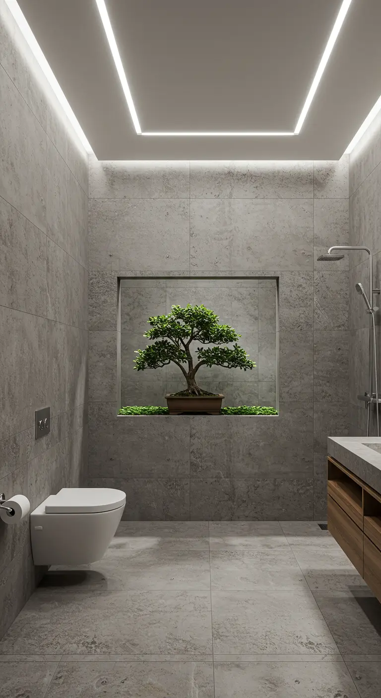 Minimalist grey tile bathroom with a large niche showcasing a single bonsai tree.