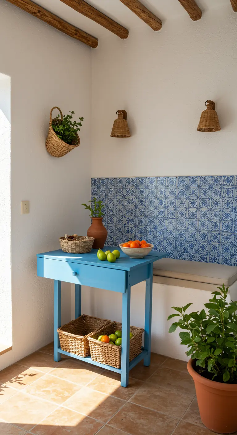 Mediterranean-style nook with a blue tile wall and a slim blue console table.