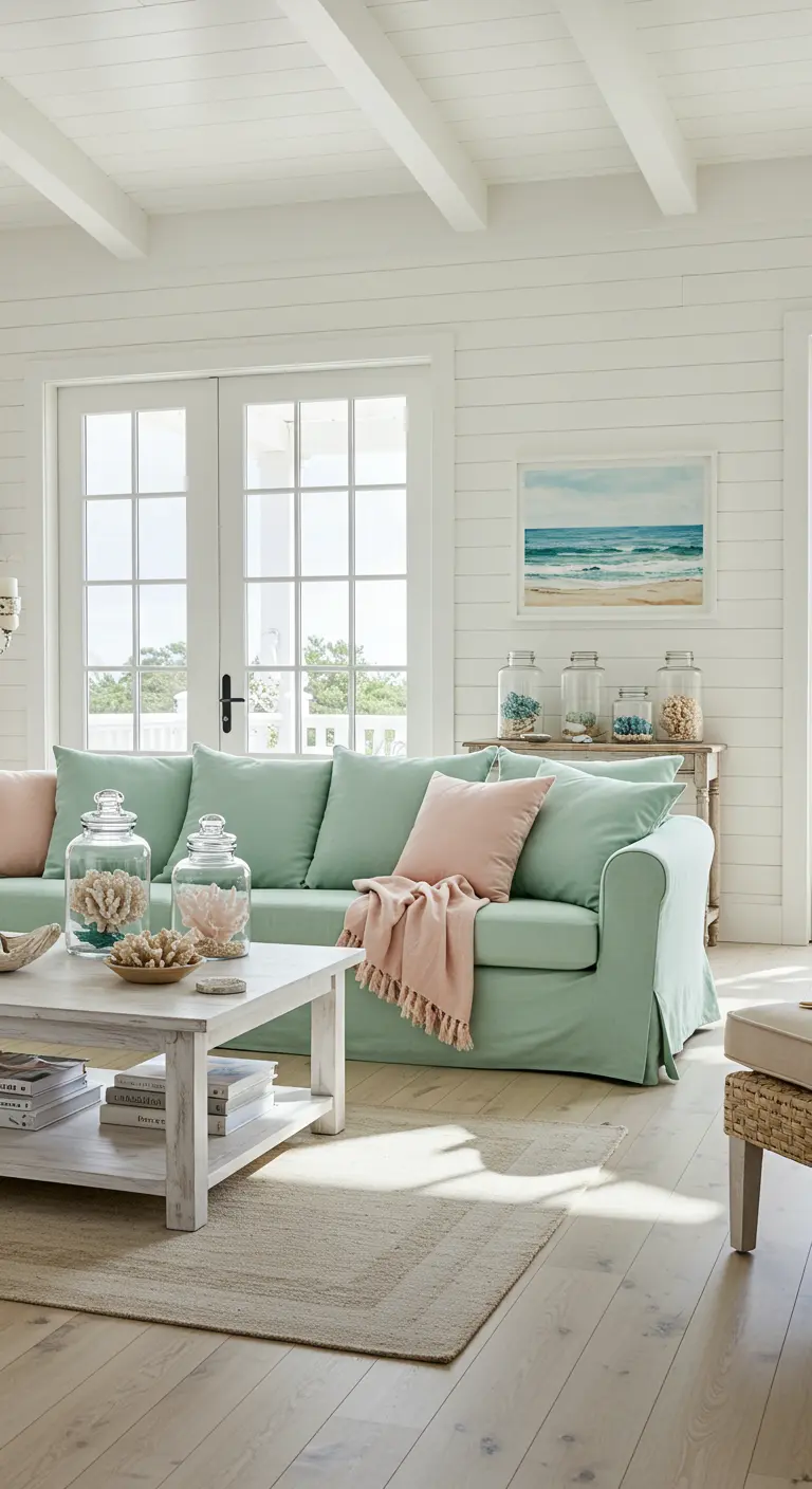 A bright coastal living room with a mint green slipcover sofa and blush pink pillows.