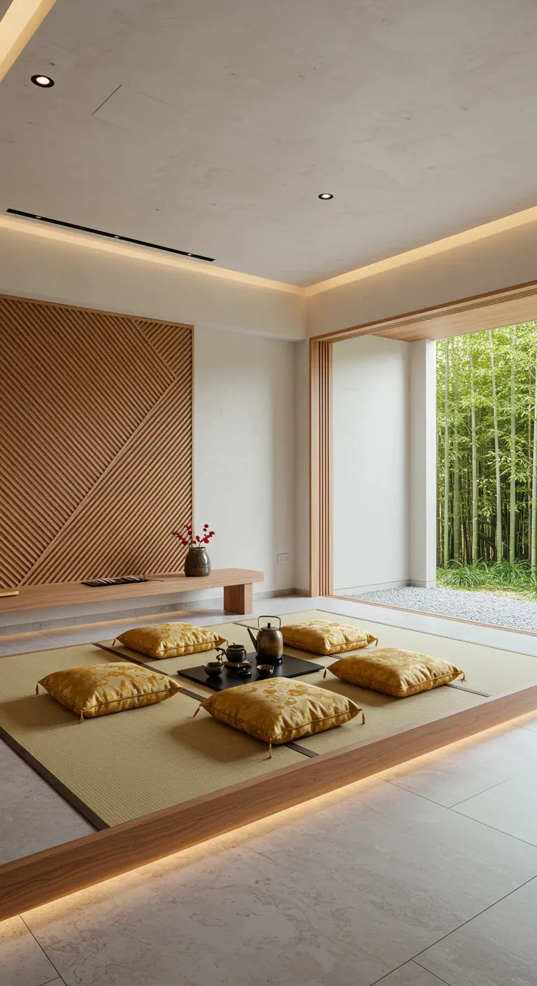 A modern tea area with a raised platform, tatami mats, and gold floor cushions.