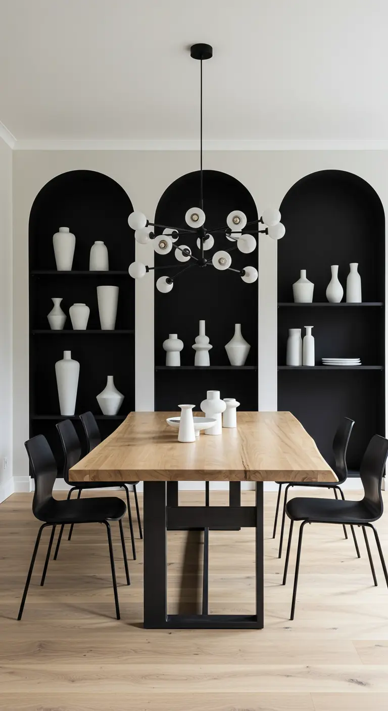Modern dining room with three arched niches painted black and filled with white ceramic vases.