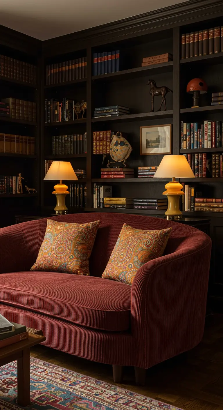 A dark, moody library with floor-to-ceiling bookshelves and a red corduroy curved sofa.