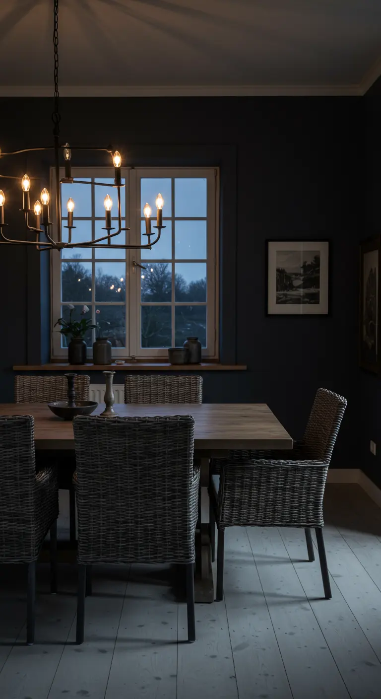 Moody dining room with dark walls, wicker chairs, and a lit chandelier at night.