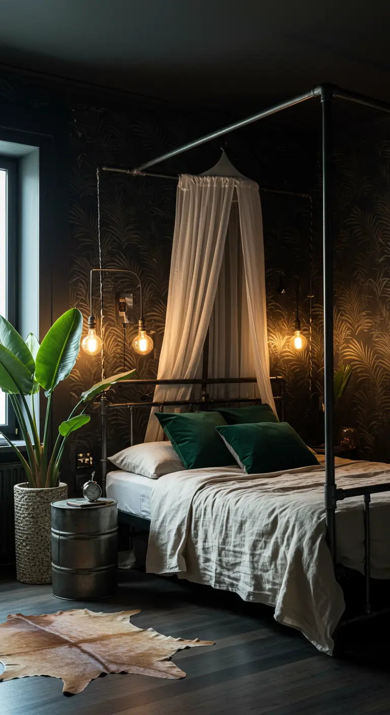 Dark bedroom with a black metal canopy bed, sheer drapes, and hanging Edison bulbs.