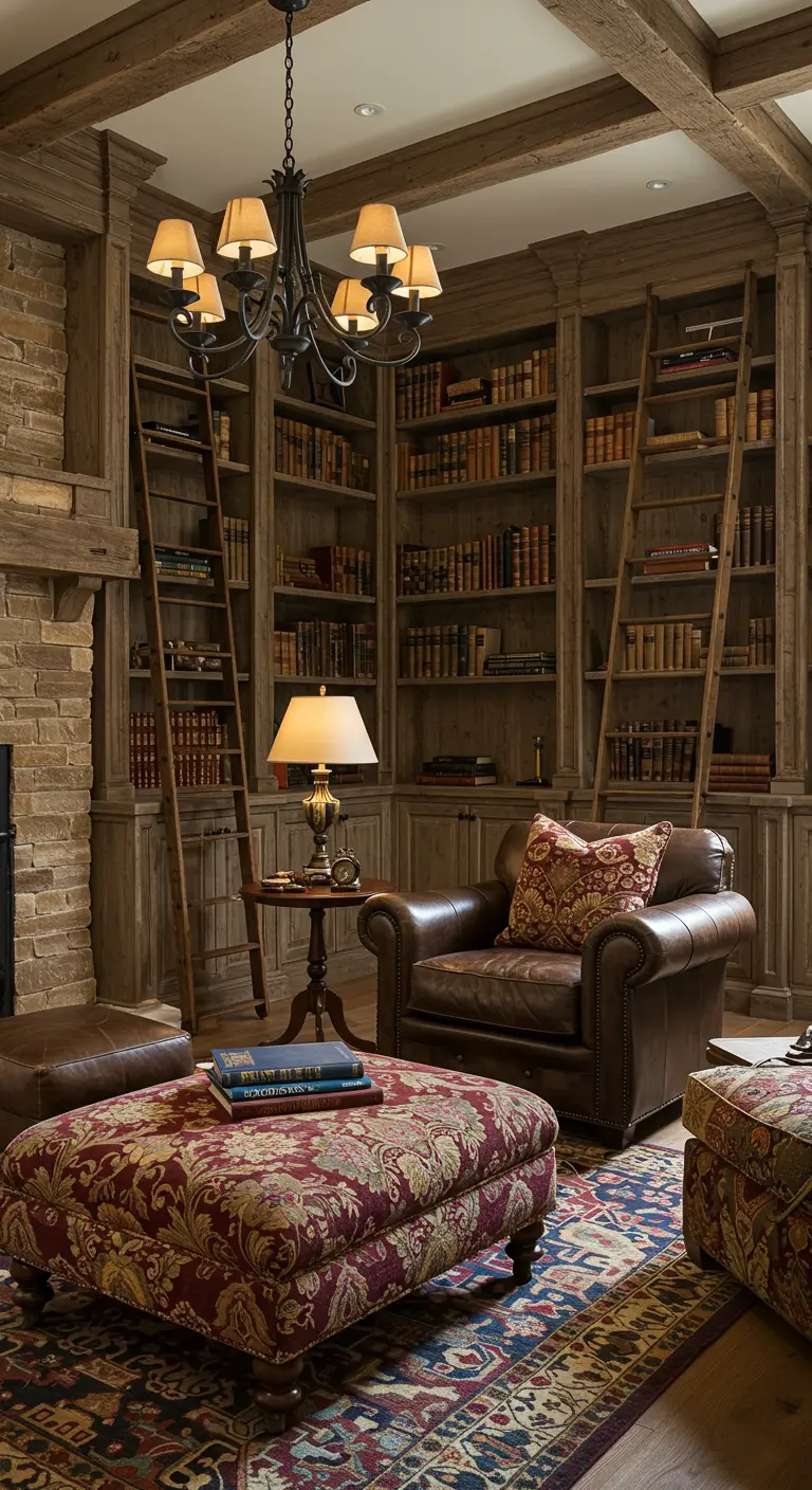 A home library with floor-to-ceiling wood shelving, a leather armchair, and a damask ottoman.