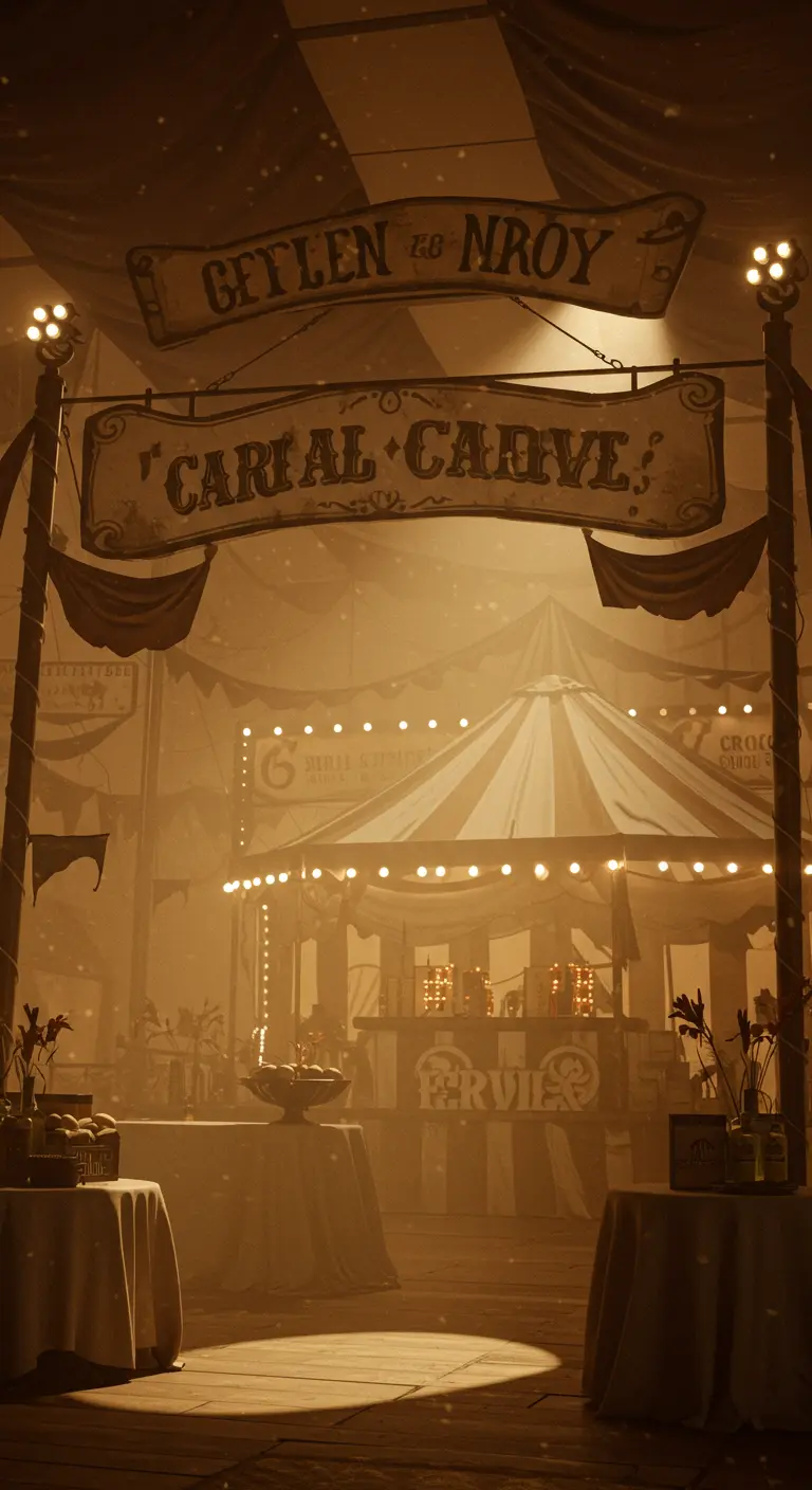 A hazy, sepia-lit carnival scene with vintage signs and tents.