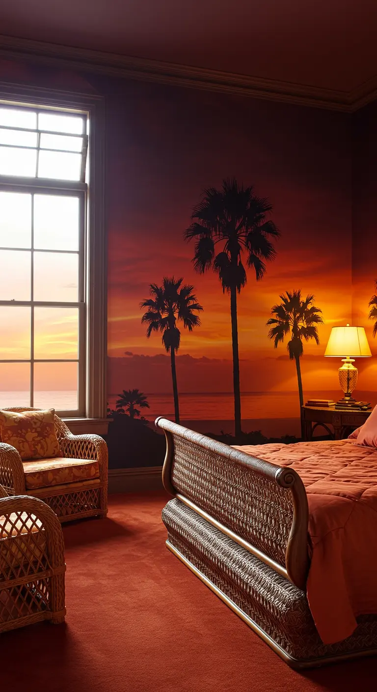 Bedroom with a warm sunset and palm tree mural, heavy rattan furniture, and orange carpet.