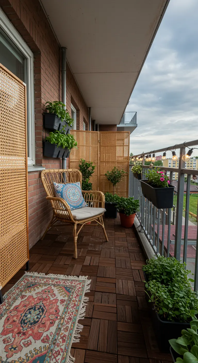 Small balcony with a rattan screen for privacy, a wicker chair, and an outdoor rug.