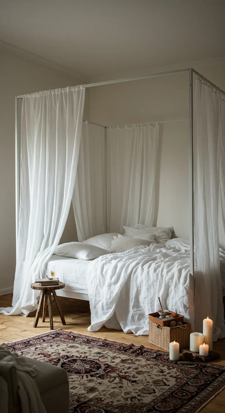 A minimalist four-poster bed is draped with flowing white linen curtains in a cozy bedroom.