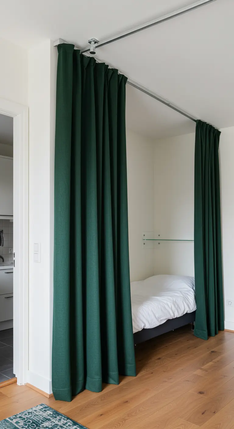 A sleeping nook in a studio apartment cordoned off with a ceiling-track green curtain.