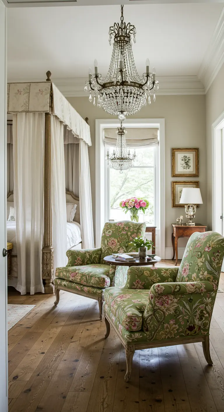 A bedroom with a canopy bed, a seating area with floral chairs, and two chandeliers.