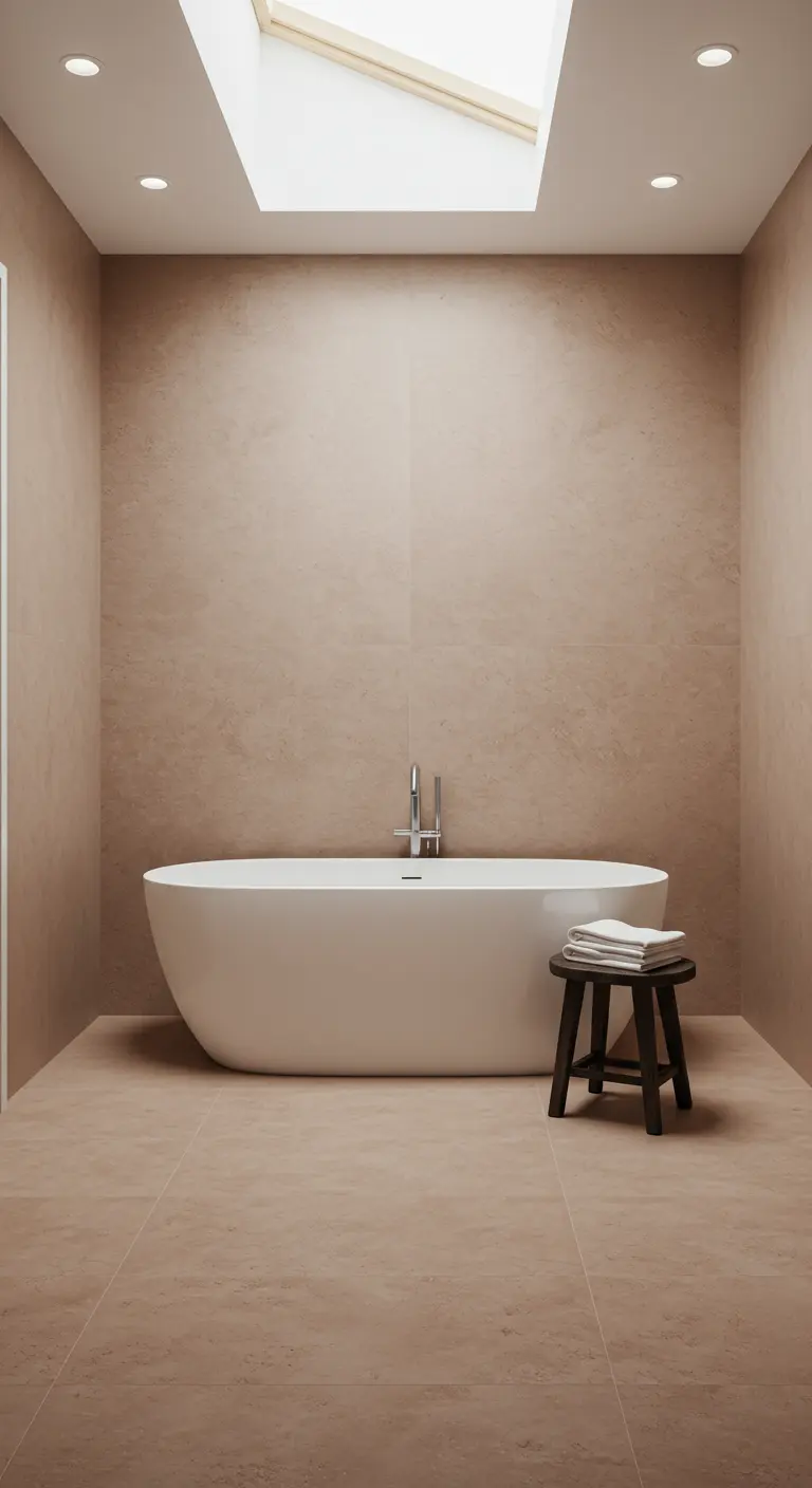 A freestanding white tub in a bathroom with beige stone walls and floor, lit by a skylight.