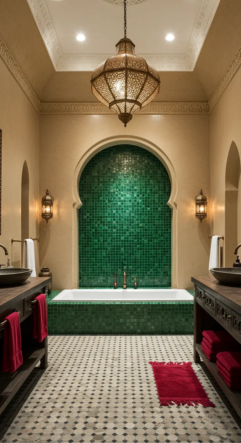 Moroccan bathroom with an emerald green tiled archway over the bathtub and a large brass lantern.