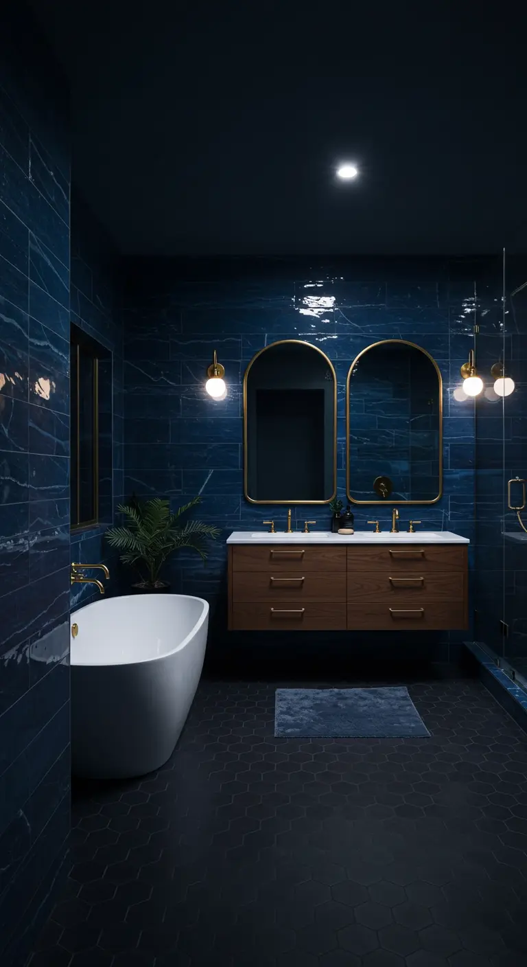 Dark sapphire blue tiled bathroom with a wood vanity, twin arched mirrors, and a white freestanding tub.